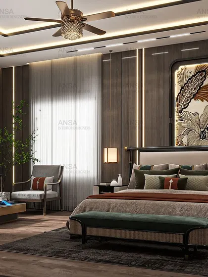 This bedroom design features a stunning backlit floral panel that doubles as a TV backdrop. The room combines sleek wood finishes, plush fabrics, and warm lighting to create a sophisticated and comfortable retreat with a strong connection to nature.