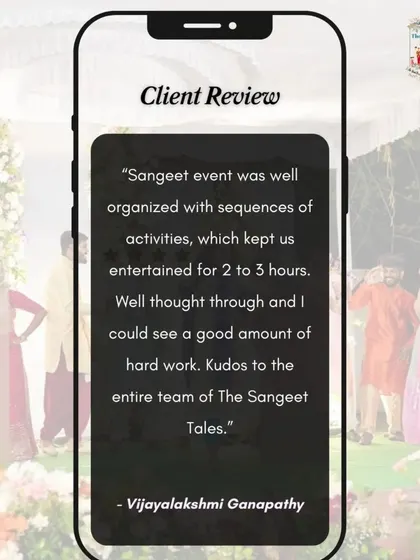 "Sangeet event was well organized with sequences of activities, which kept us entertained for 2 to 3 hours." We structure our events to be a continuous flow of fun, with a mix of dances, games, and activities.