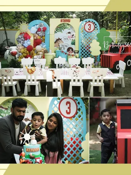 A charming farm-themed party for Atharva's 3rd birthday. This collage shows the outdoor kids' dining area, a red tractor prop, and the family enjoying the barnyard celebration.