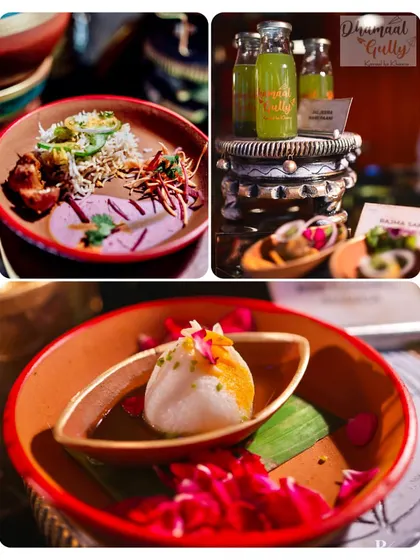 A collage of my royal Indian delicacies. It features the Jodhpuri Kabuli, refreshing Kairi Pani, and a delicate Rose Flavoured Rasgulla for dessert.