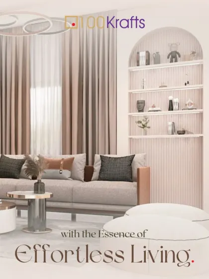 The essence of effortless living is captured in this serene living room. A palette of soft, neutral tones, combined with fluted wall details and an arched shelving unit, creates a space that is calm, inviting, and utterly chic.