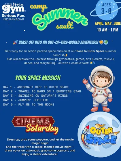 Here's the mission plan for our "Race to Outer Space" camp. Each day is a new planetary adventure, complete with a special "Cinema Saturday" to end the week with a stellar movie night.
