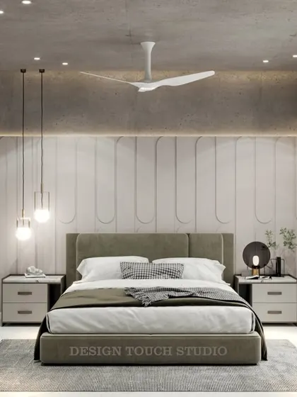 A full view of the bedroom render, showing the balance of soft, neutral tones and modern furniture.