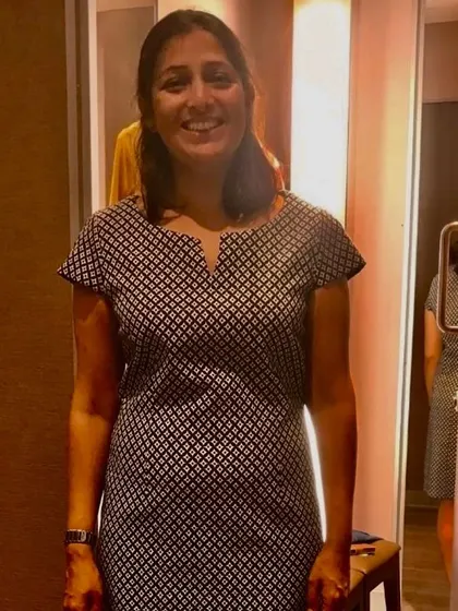 This client, a busy working mom, struggled to find clothes that made her feel good. Here she is in a dress that doesn't quite flatter her shape or reflect her personality.