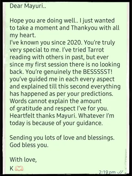 Many of my clients have been with me for years. This person's journey since 2020 shows how consistent guidance can help navigate life's challenges. My direct approach ensures you get the clarity you need, without sugarcoating.
