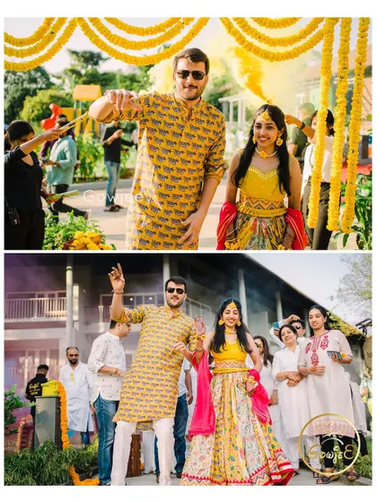 The couple's grand entrance, full of energy and color, setting the tone for a lively Haldi celebration.