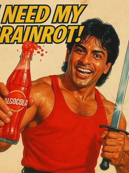 A fake ad for a drink called 'Alcocola' with the tagline 'I NEED MY BRAINROT!'. This is a satirical take on consumer culture and our addiction to low-quality content, presented in a vintage ad style.