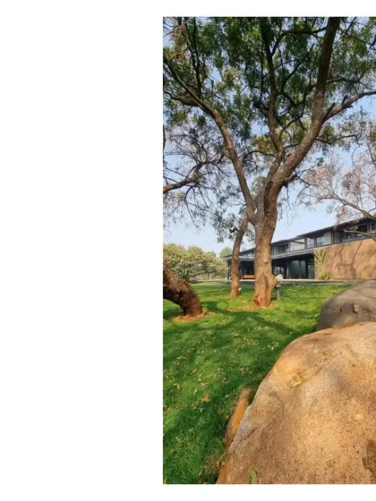 The Lakeshore house seen through the trees. The home is designed to disappear into the landscape when viewed from the water, with earthen walls that keep it cool and give it the gravitas of its place.