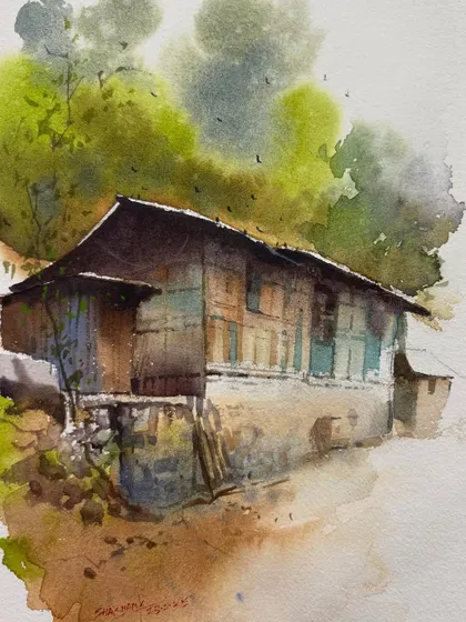 An online class demonstration of a weathered house, using wet-on-wet and dry brush techniques to create texture.