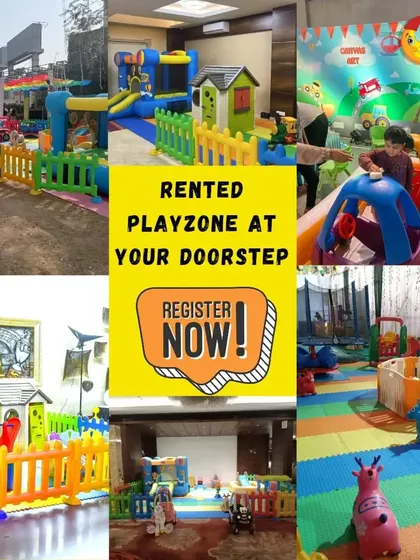 Rented playzone at your doorstep. This collage shows six different setups in various locations, from outdoor areas to hotel ballrooms, with a "Register Now" call to action.
