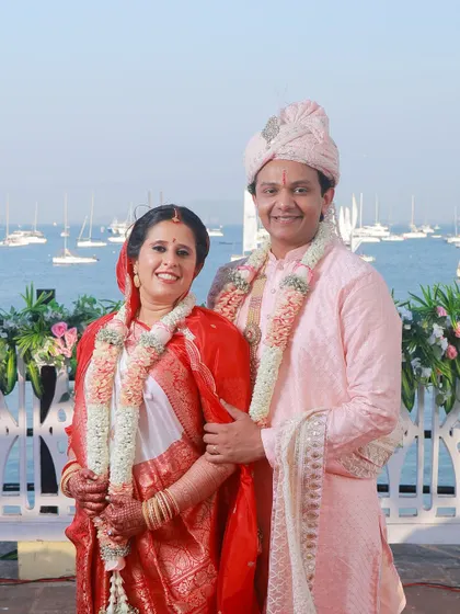 A beautiful portrait of the bride and groom at their seaside Gujarati wedding. I provided makeup for both to ensure they looked picture-perfect.