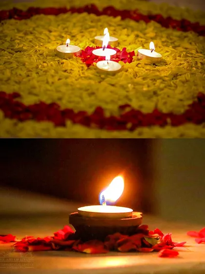 Diyas and flower rangoli decorations for the Foundation Day celebration. Light and beauty are integral to how we celebrate important milestones and create a sacred atmosphere.