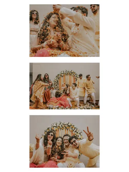 A collage capturing various moments from a haldi, including the couple being showered with petals and posing with friends.