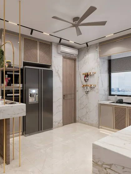 This angle showcases the full layout, including the breakfast bar, integrated refrigerator, and ample storage. The design is a perfect blend of modern minimalism and luxurious details.