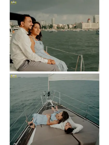 Two views from Dhwani and Riten's yacht session, one looking out at the Mumbai skyline and another capturing a relaxed, intimate moment.