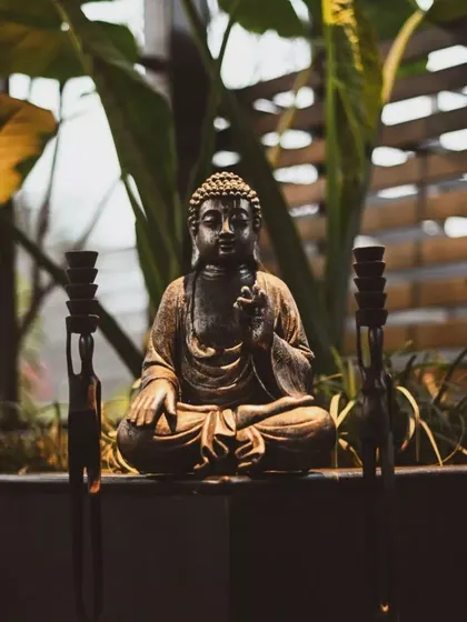 A close-up of a bronze Buddha statue in a meditative pose. Placed within a planter and surrounded by greenery, it creates a powerful focal point that radiates calmness and serenity.