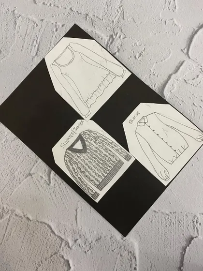 Flat sketches of different tops, including a sweater and a blouse. These 2D drawings clearly communicate the construction details of a garment.