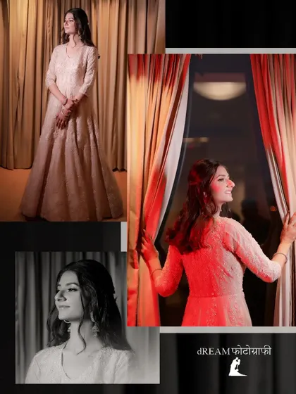 A collage of bride Disha's portraits by the window, capturing her in different poses and moods.