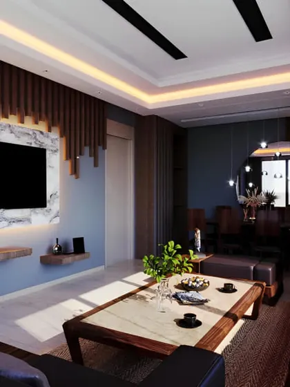 A sophisticated living room where the TV unit features a marble back panel and floating wood shelves. The design is integrated into a larger wall treatment with dramatic wood fluting, creating a rich, textured look.
