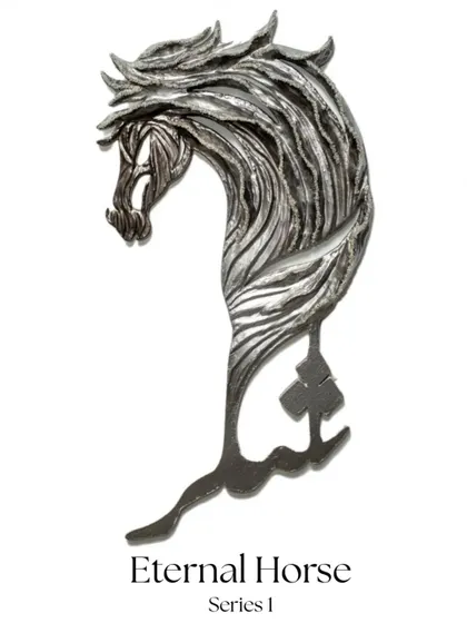 "Eternal Horse - Series I." This sculpture, adorned with rough diamonds, is a tribute to the timeless spirit of the UAE, embodying the elegance and endurance of the Arabian steed.