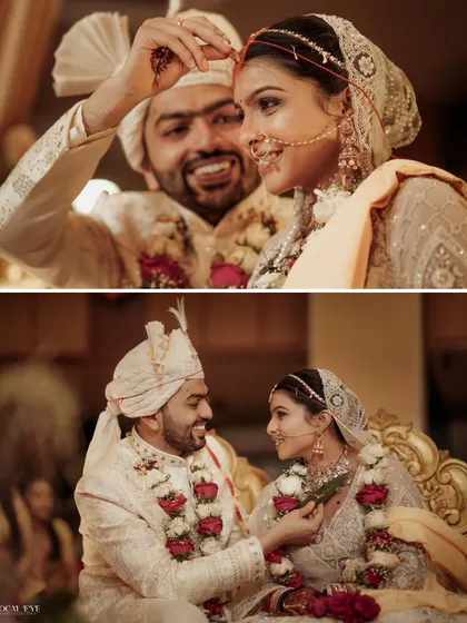 A collage capturing the playful and loving glances exchanged between the couple during their wedding rituals.