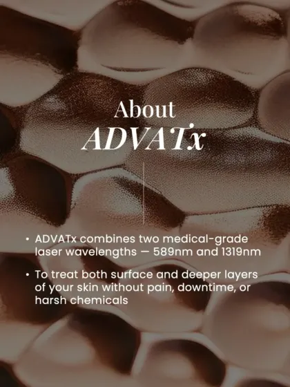 This graphic provides an overview of the AdvaTx technology, which combines two medical-grade laser wavelengths to treat both surface and deeper skin layers without pain or downtime.