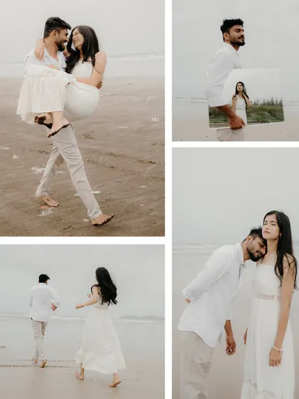 A collection of creative and romantic beach portraits. This collage includes a unique shot using a mirror, adding an artistic touch to their seaside love story.