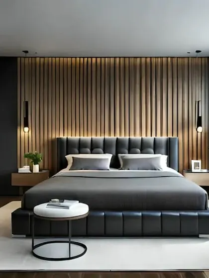 A modern bedroom design featuring a fluted wood panel behind a tufted leather headboard. The room includes a sleek work desk, making it a perfect multi-functional space for a contemporary home.
