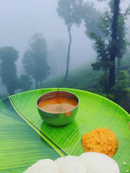 Breakfast with a view. A simple plate of idli becomes a memorable meal when enjoyed against the backdrop of misty mountains.