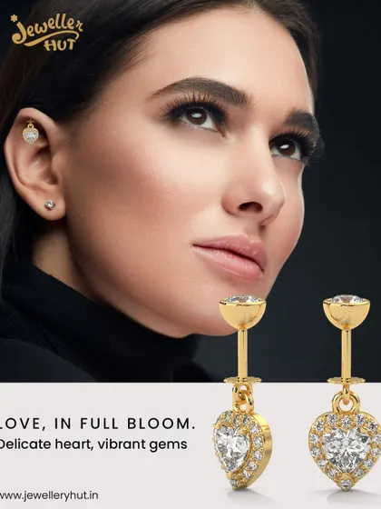 A closer look at one of our delicate heart-shaped hangings, shown here on a model with a healed helix piercing. This demonstrates how our jewellery is designed to complement your features and add a touch of elegant sparkle.