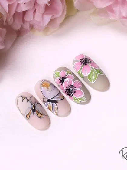 A still shot of the beautiful butterfly and pink flower gel paintings. The detail on the butterfly's wings is one of my favorite parts.