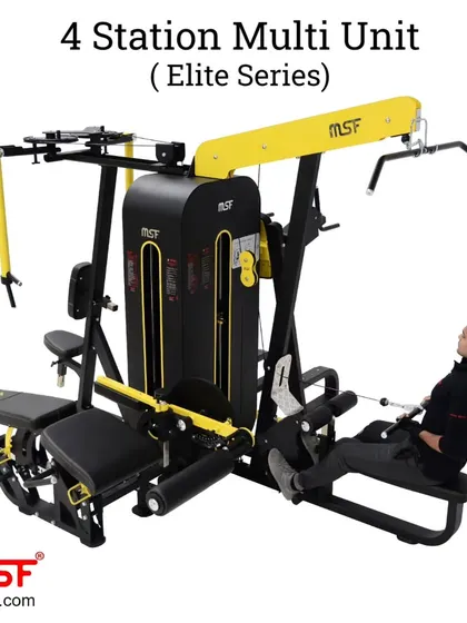 A user performs a seated row on the 4-Station Multi-Unit.