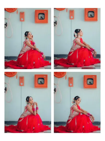 A collage of four images from the red lehenga shoot. This is a great way to show clients the range of poses and expressions I can capture during a single session.