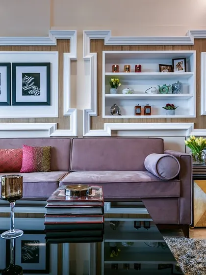 Here, I blended Art Deco forms with modern elegance. This 3BHK in Mumbai features geometric patterns and luxurious details, creating a living room that is visually engaging, sophisticated, and full of personality.