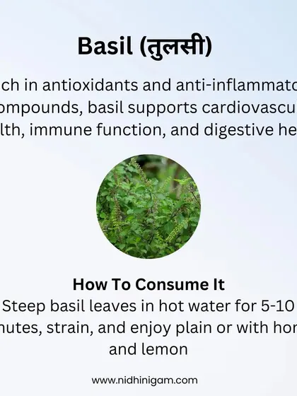 Basil (Tulsi) is rich in antioxidants and supports cardiovascular health, immune function, and digestion. Steep fresh leaves in hot water for a simple, healing tea.