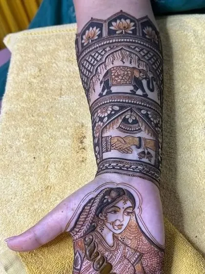 The bride's portrait on the palm, designed to match the groom's on the other hand. This design also features a 'hathbandhan' ceremony motif.