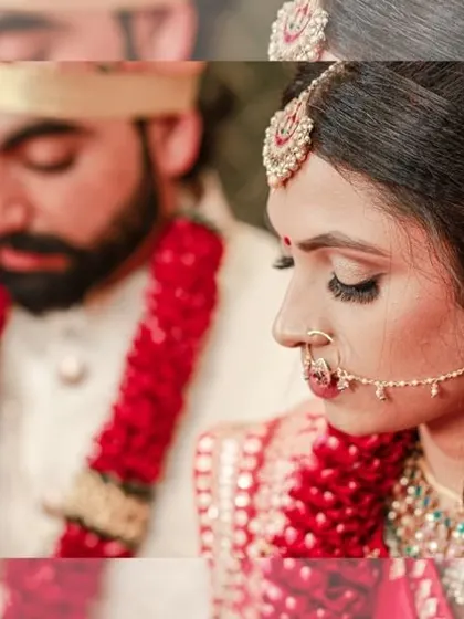 A close-up, emotional shot of the bride and groom during their wedding ceremony, their expressions full of devotion.