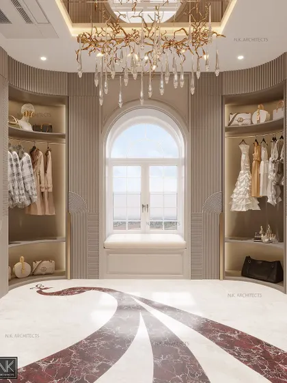 Step into luxury with this stunning walk-in closet and bathroom. The space features a gorgeous arched bay window, an exquisite peacock-themed marble inlay on the floor, and a freestanding vanity, creating a true sanctuary.