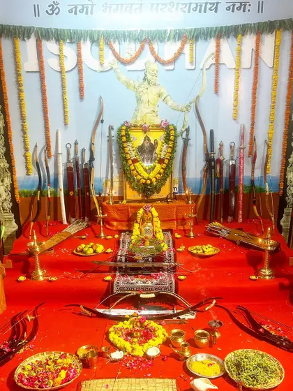 This is our altar during Ayudha Puja, a ceremony where we honor the tools of our art. Each bow, arrow, and sword is revered not as a weapon, but as an instrument for discipline, protection, and upholding dharma.