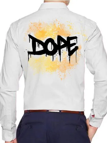 This is the back view of the "DOPE" shirt, featuring a graffiti-style design with a yellow spray-paint effect. It's a great example of the streetwear aesthetic I can create.
