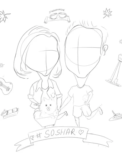 A duplicate of the initial sketch, showing the foundational work for a custom couple caricature.