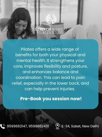 A repeat of the benefits graphic, reinforcing the message about how Pilates can improve physical and mental health.