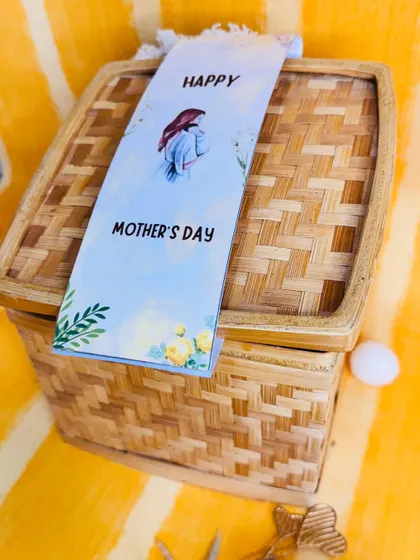 Another angle of our bamboo Mother's Day gift box, showing the lovely custom paper band that adds a personal touch.
