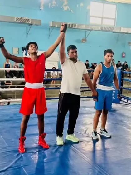 Victory at the Gautam Buddh Nagar District Boxing Championship. A proud moment as our fighter's hand is raised, a direct result of disciplined training and expert coaching in the sweet science.