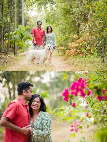 A collage from a couple's photoshoot in the woods, featuring their adorable dog. We love including furry family members in our sessions.