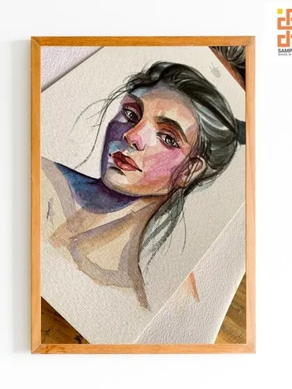 A finished watercolor portrait by one of our diploma students, beautifully framed. This is an example of the portfolio-quality work our students produce after honing their skills at the Gurukul.
