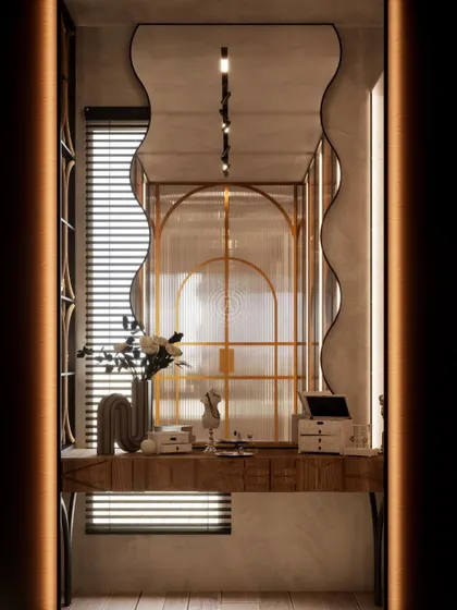 A render of a vanity table with a unique wavy mirror. The warm lighting and rich textures create a sophisticated and inviting space for getting ready.