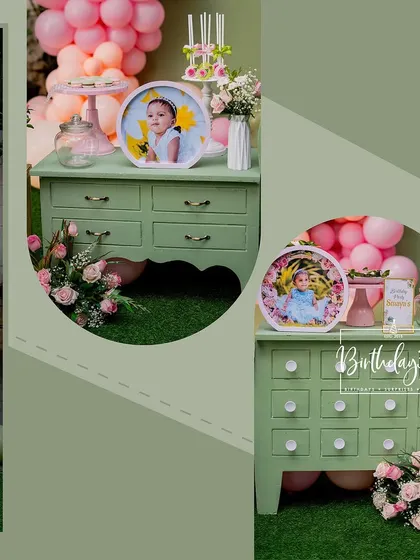 A collage showcasing the personalized details from a modern birthday party. It features custom-framed photos of the birthday girl and elegant floral arrangements on a vintage-style green dresser.