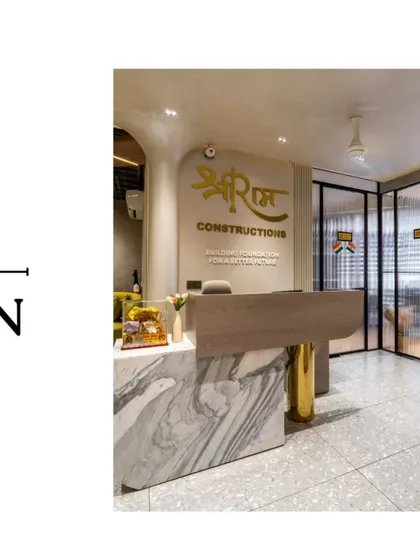 This image collage shows the journey from concept to creation for the Shri Ram Constructions office. It highlights the reception area, which features a marble and wood desk with a brass-finished base.