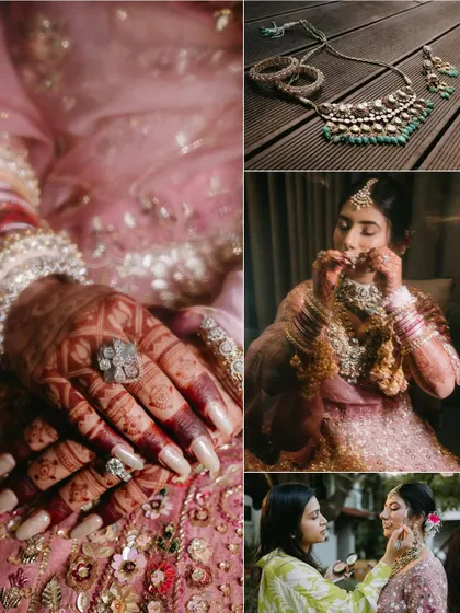 A collage of bridal details, focusing on her henna-covered hands, stunning ring, jewelry, and the final touches of her makeup.